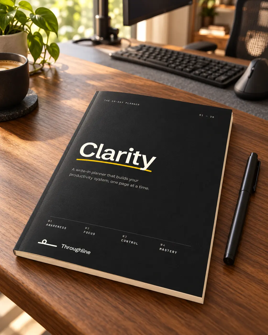 Clarity by Throughline, shown as a black printed planner on a walnut desk beside a pen