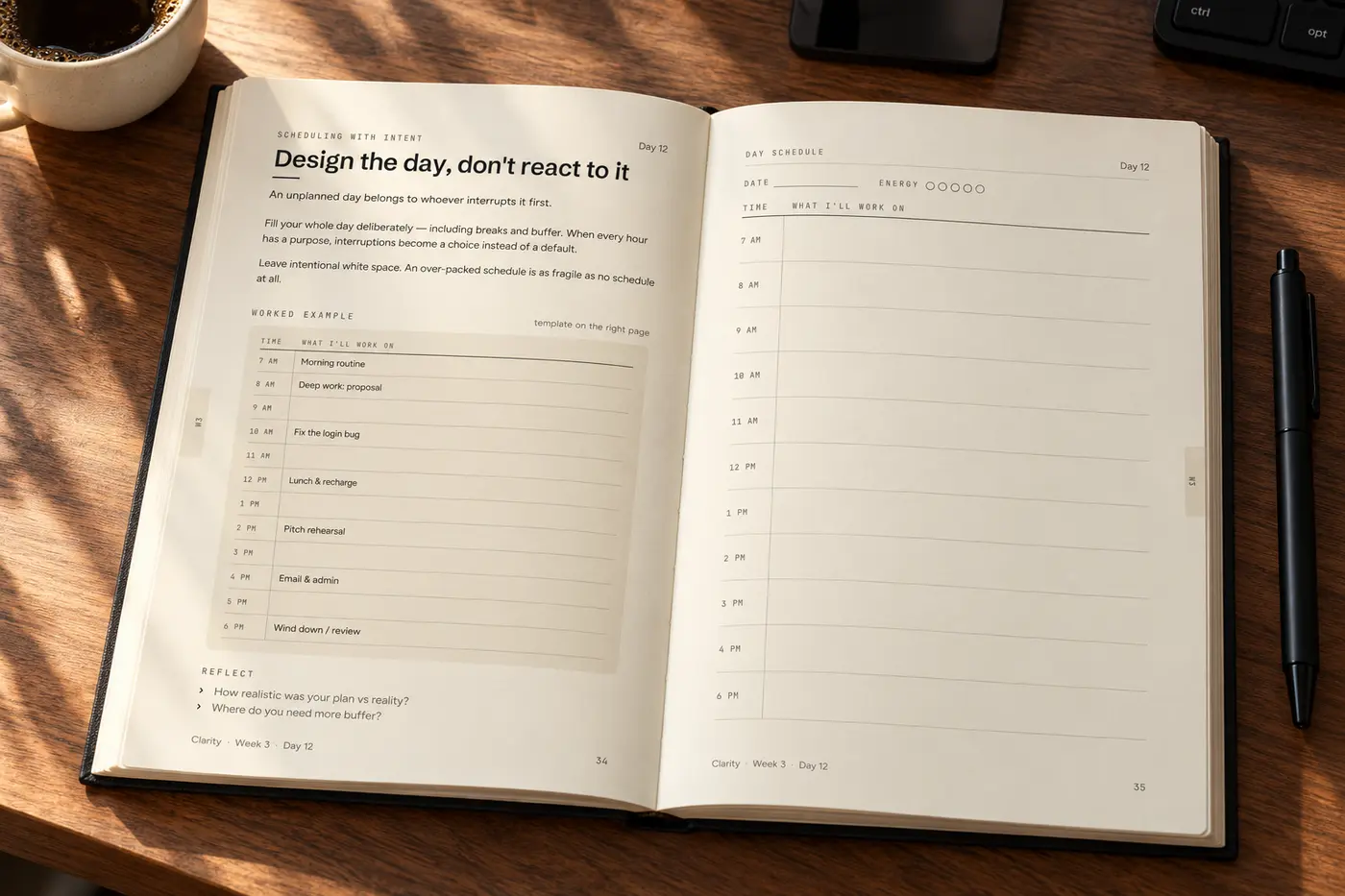Day 12: an hourly day schedule alongside instructions to plan deliberately, with breaks and buffer